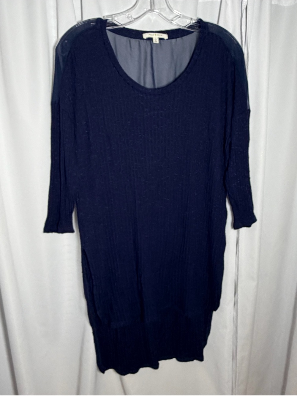PURE GOOD Navy Blue Ribbed Tunic Top with Sheer Panel On the Back size L